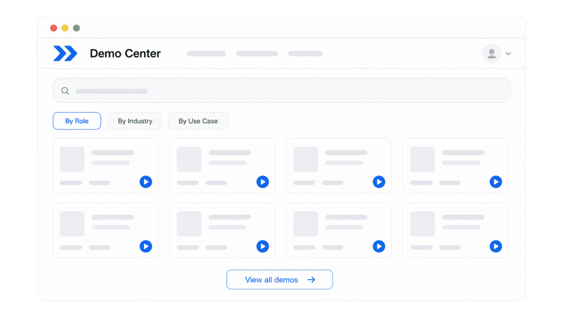 Demo center hub with category tabs, search, and demo tiles