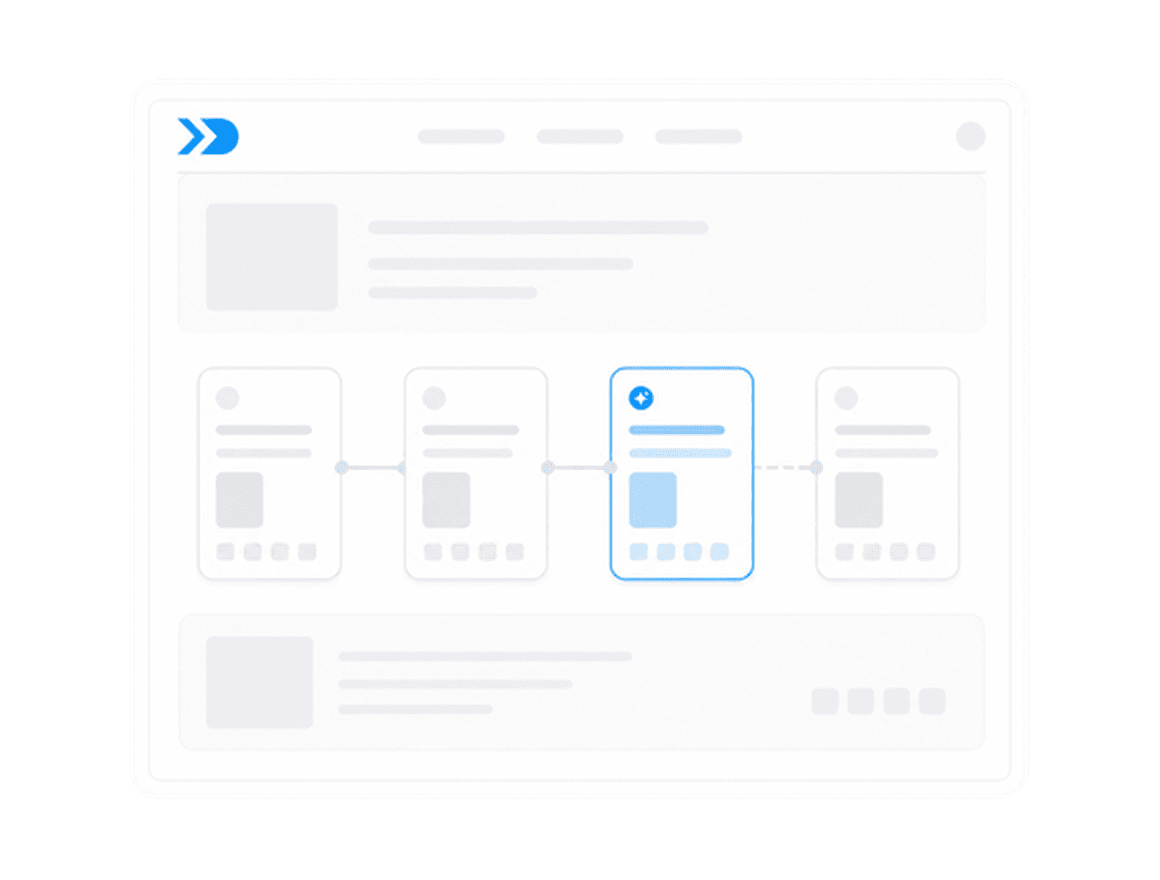 Minimal pipeline of connected demo panels ending in a blue conversion state