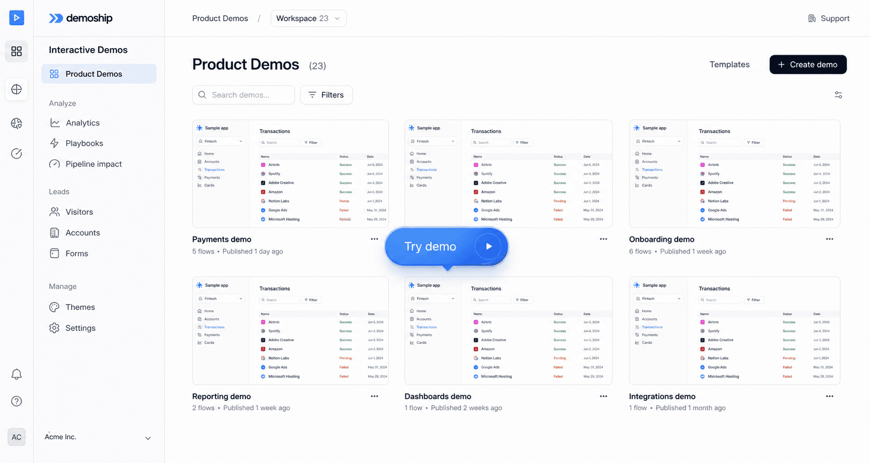 Demoship interactive demo dashboard preview
